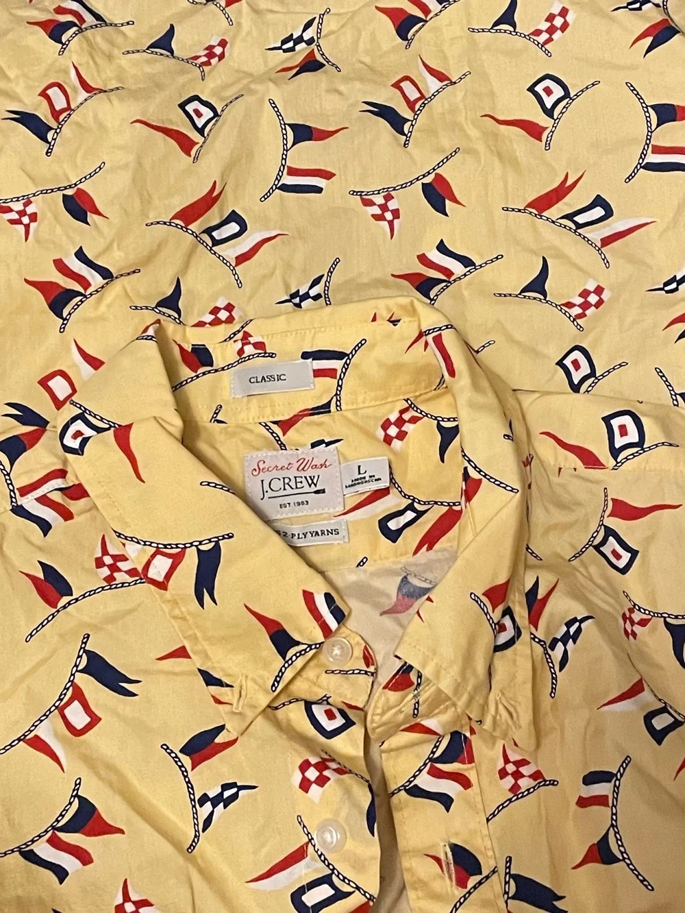 J CREW MEN SECRET WASH BUTTON DOWN Flag SHIP Short Sleeve Shirt YACHT CLUB ROPE